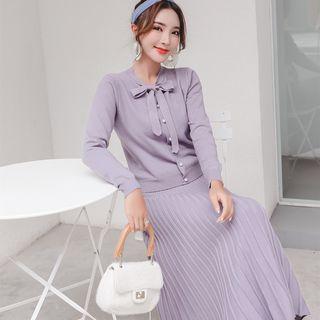 Set: Long-sleeve Tie-neck Knit Top + Midi A-line Skirt