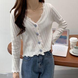 V-neck Plain Button-up Ruffle Cardigan