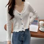 V-neck Plain Button-up Ruffle Cardigan