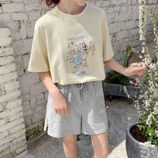 Round Neck Cat Print Mock Two Piece Short Sleeve T-shirt
