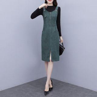 Set: Plain Knit Top + Midi Sheath Overall Dress