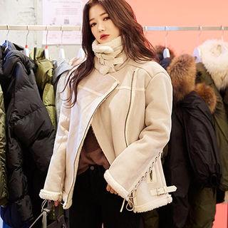 Lace-up Sleeve Faux-shearling Biker Jacket