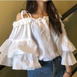 Off-shoulder Ruffle Trim 3/4-sleeve Top