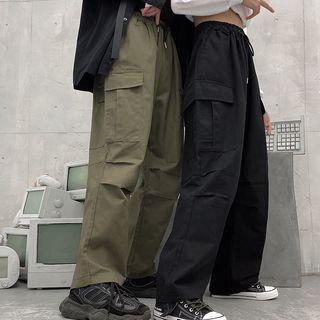 Drawstring Waist Straight-cut Cargo Pants