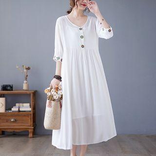 Elbow-sleeve Flower Embroidered Midi Smock Dress
