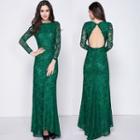 Long-sleeve Open Back Lace Sheath Evening Gown