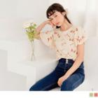 Flutter-sleeve Bow Printed Chiffon Top