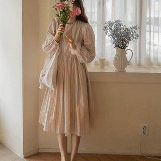 Tie-waist Stripe Long Dress (stripe) Multicolor - One Size