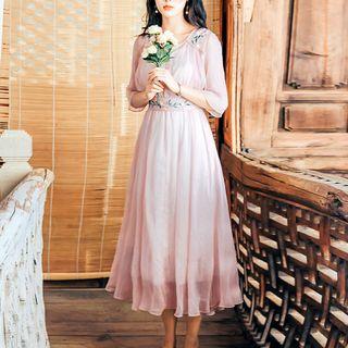 Set: Elbow-sleeve Midi Chiffon Dress + Spaghetti Strap Midi Dress