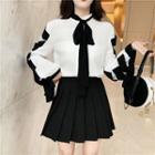 Long-sleeve Contrast Trim Ribbon Shirt / A-line Mini Pleated Skirt