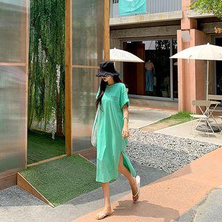 Letter-printed Deep-slit Long T-shirt Dress