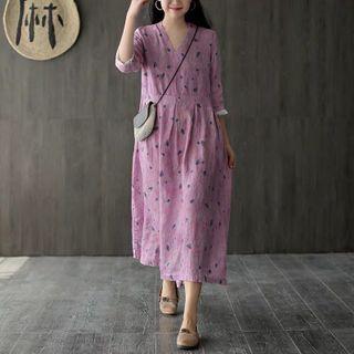 Floral Print Elbow-sleeve Midi A-line Dress Violet - One Size