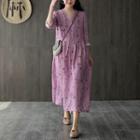 Floral Print Elbow-sleeve Midi A-line Dress Violet - One Size