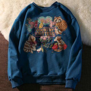 Cartoon Print Sweatshirt / Plain Mini Skirt / Set