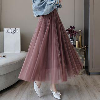 Rhinestone Midi A-line Mesh Skirt