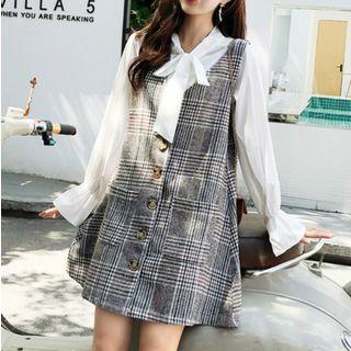 Set: Tie-neck Blouse + Plaid Pinafore Dress