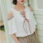 Embroidered Cut Out Shoulder Lace Up Elbow Sleeve Top