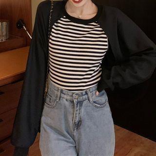 Mock Two Piece Plain Panel Stripe Sweatshirt