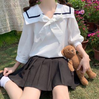 3/4-sleeve Sailor Collar Blouse Shirt - White - One Size
