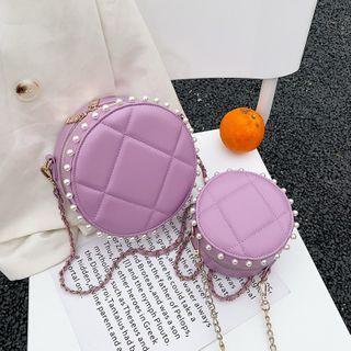 Faux Pearl Quilted Round Crossbody Bag