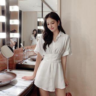 Set: Plain Elbow-sleeve Shirt + High Waist Shorts