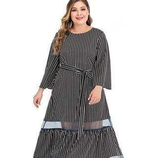 Plus Size Long-sleeve Striped Mesh Panel Midi A-line Dress