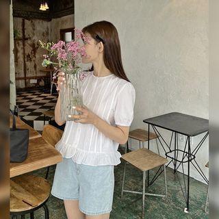 Round-neck Pintuck Frill-hem Blouse