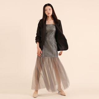 Rhinestone Strap Glitter Mesh Panel A-line Dress