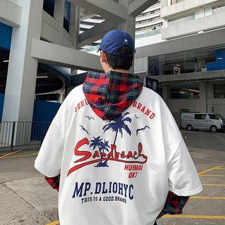 Mock Two-piece Cartoon Print Plaid Hoodie