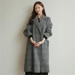 Loose-fit Plaid Wool Blend Coat Gray - One Size