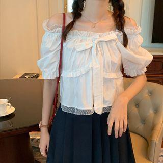 Bow-detail Frill-hem Short-sleeve Blouse White - One Size