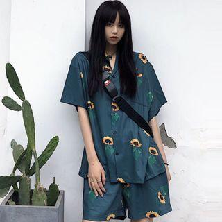 Set: Short-sleeve Printed Shirt + Wide-leg Shorts As Shown In Figure - One Size