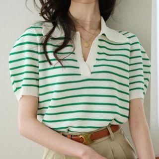 Puff-sleeve Collar Striped Knit Top