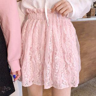 Band-waist Crinkled Lace Miniskirt