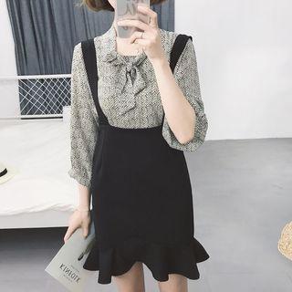 Elbow-sleeve Blouse / Ruffle Jumper Skirt