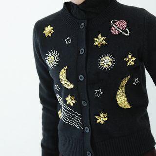 Round-neck Sequined Cardigan Black - One Size