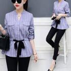 Long-sleeve Tie-waist Buttoned Blouse