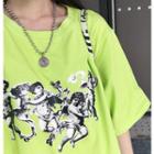 Angel Print Elbow-sleeve T-shirt Green - One Size