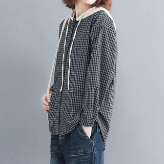 Long-sleeve Plaid Hooded Buttoned Top Black - One Size