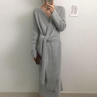 Long-sleeve Knot Front Knit Midi Dress