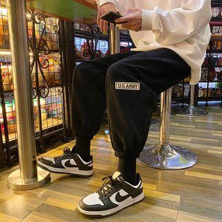 Lettering Applique Corduroy Gathered Cuff Pants