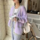 Long-sleeve Color-block Knit Cardigan Purple - One Size