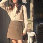 Cable-knit Cardigan / Herringbone Mini A-line Skirt