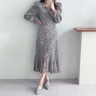 Puff-sleeve Slit-front Floral Long Dress