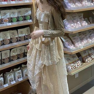 Spaghetti Strap Ruffled Lace Panel Midi Dress / Cardigan / Set