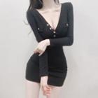 Long-sleeve V-neck Ribbed Mini Bodycon Dress