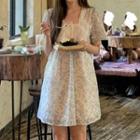 Puff-sleeve Floral Print A-line Dress Light Blue - One Size