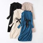 Set: Tie-waist Knit Vest + Midi A-line Knit Dress