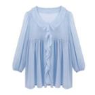 Puff-sleeve V-neck Ruffle Shirt Dark Gray - One Size