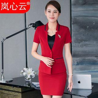 Set: Short Sleeve Blazer + Plain Pencil Skirt + Dress Pants / Camisole Top